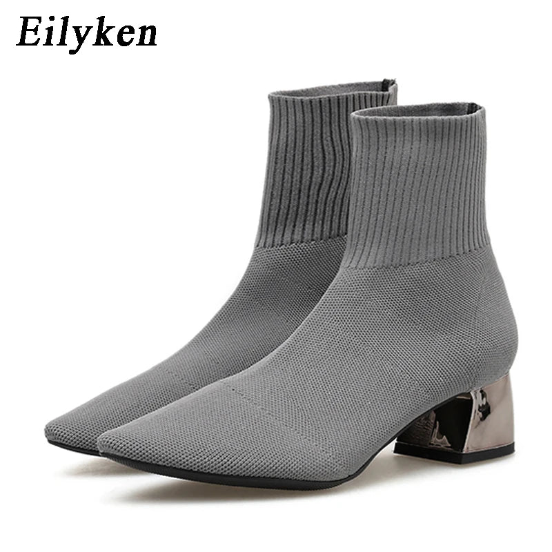 Eilyken Fashion Knitted Stretch Fabric Sewing Women Ankle Boots Square Heels Winter Pointed Toe Ladies Sock Booties