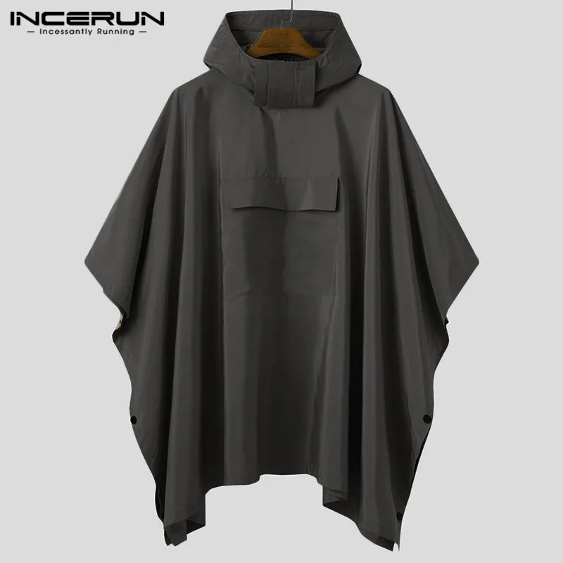 INCERUN Men Solid Trench Quick Dry Hooded Loose Ponchos Pockets Casual Outdoor Cloak Men Irregular Coats Not Raincoats S-5XL