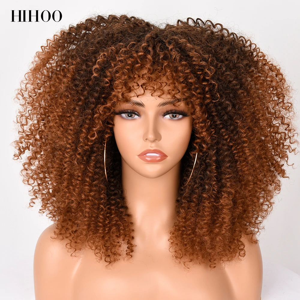 16''Short Hair Afro Kinky Curly Wig With Bangs For Black Women Cosplay Lolita Synthetic Natural Glueless Brown Mixed Blonde Wigs