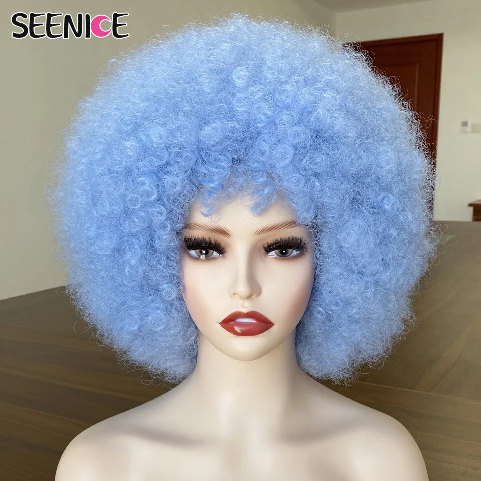 Afro Kinky Curly Perücke mit Pony, kurze, flauschige Haarperücken für schwarze Frauen, synthetisches Ombre, klebefrei, Cosplay, Naturbraun, Schwarz, Rosa