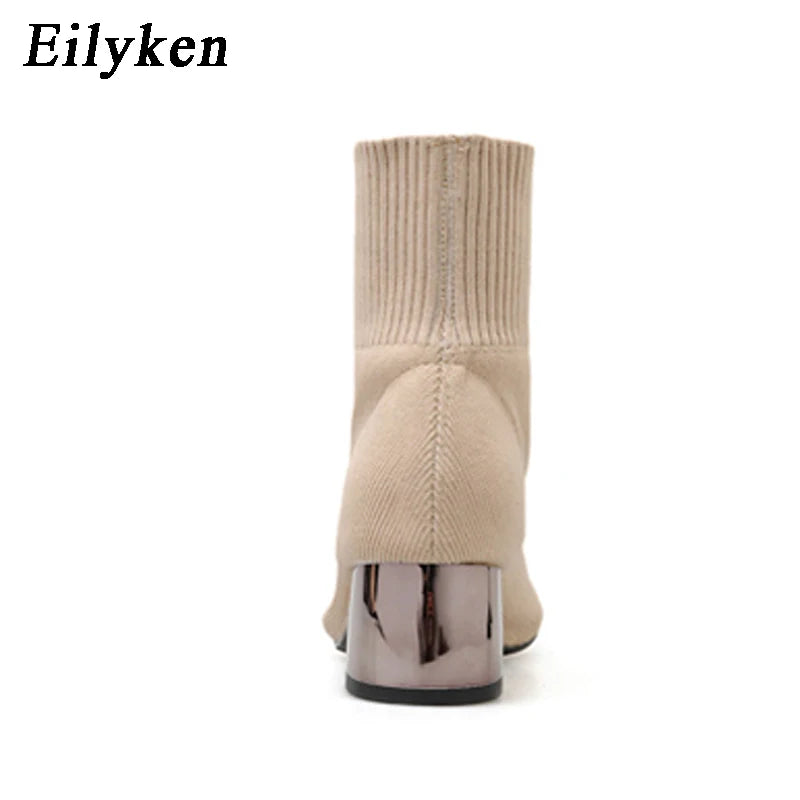 Eilyken Fashion Knitted Stretch Fabric Sewing Women Ankle Boots Square Heels Winter Pointed Toe Ladies Sock Booties