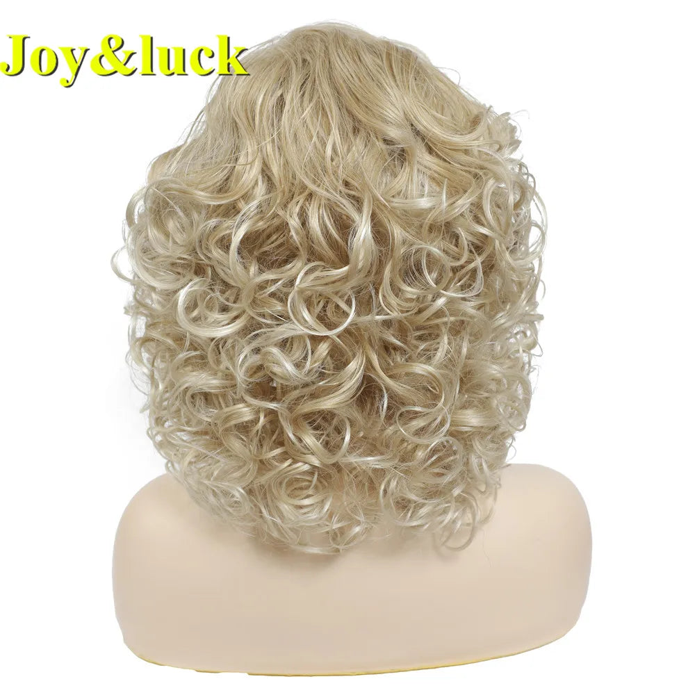 Joy &amp; luck-Peluca de cabello sintético corto y rizado para mujer, peluca completa de Color rubio mezclado dorado con flequillo, estilo de cabello Natural para uso diario