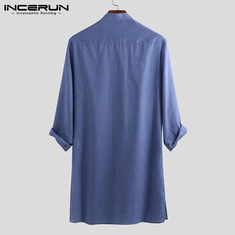 INCERUN Men Shirt Solid Color Stand Collar Long Loose Vintage Casual Tops Indian Clothes Camisa Sleeve Men Long Shirts 2023 5XL