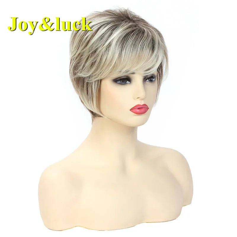 Short Ombre Blonde Wig Synthetic Bob Straight Hair With Bangs Women Natural Daily Wear Wig