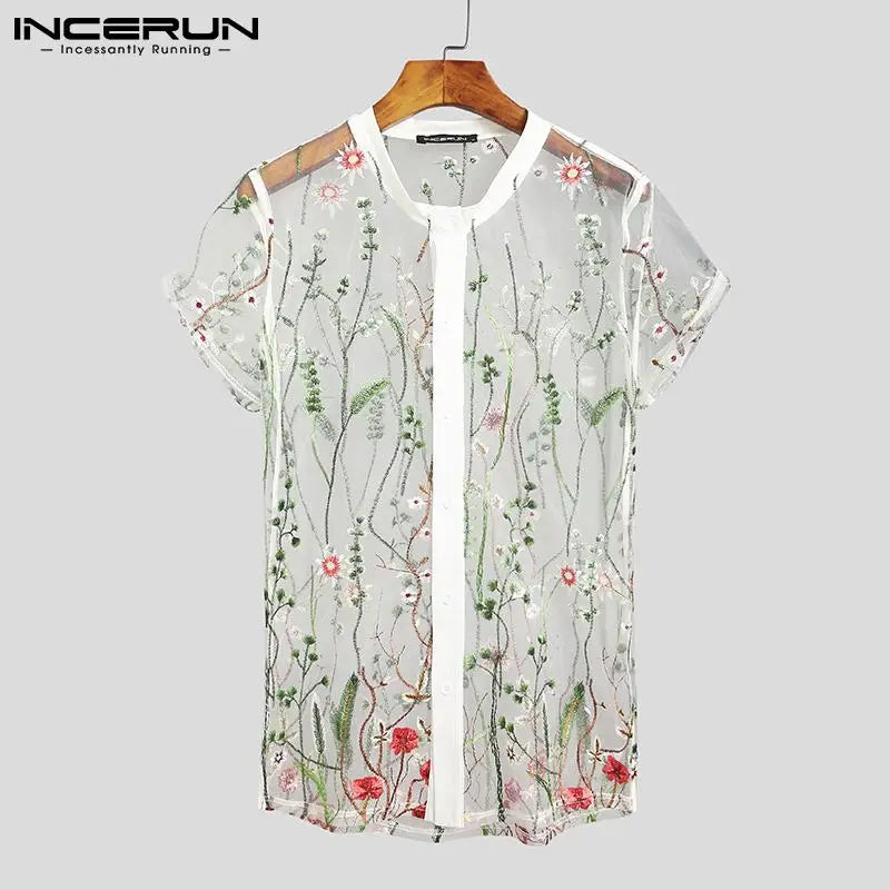 2023 Fashion Men Mesh Shirts Embroidered Short Sleeve Sexy See Through Tops Button Breathable Party Nightclub Shirts INCERUN 5XL