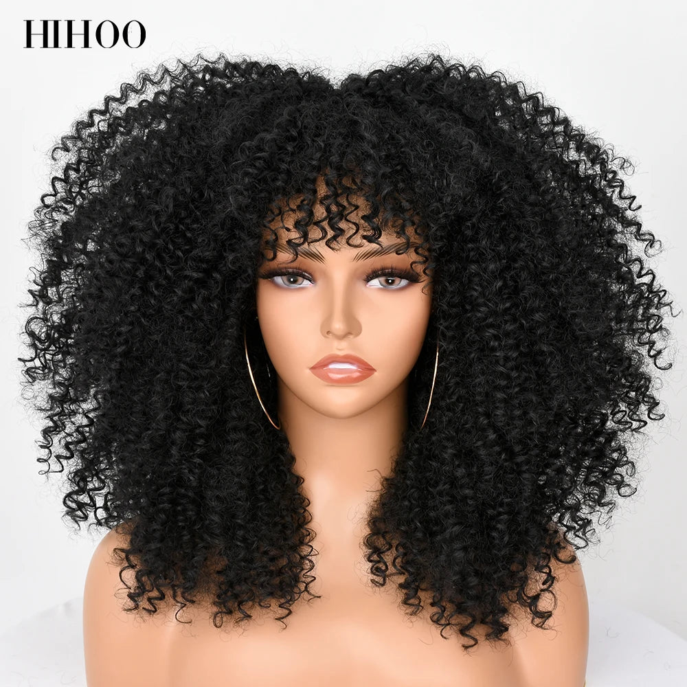 16''Short Hair Afro Kinky Curly Wig With Bangs For Black Women Cosplay Lolita Synthetic Natural Glueless Brown Mixed Blonde Wigs