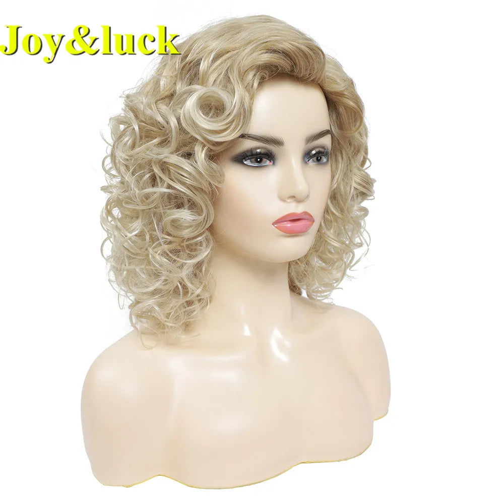 Joy&luck Short Curly Wig Synthetic Hair Wigs Gold Mix Blonde Color Women's Full Wig with Bangs Natural Daily Hair Style