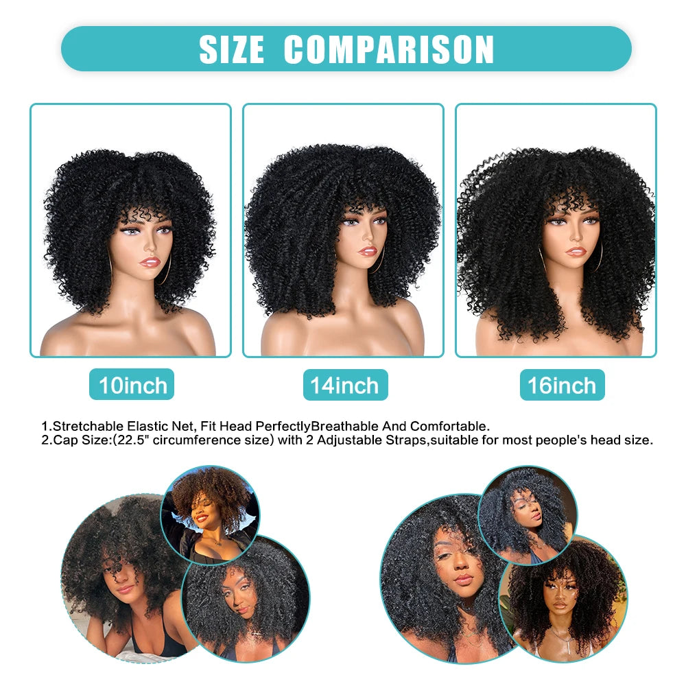 16''Short Hair Afro Kinky Curly Wig With Bangs For Black Women Cosplay Lolita Synthetic Natural Glueless Brown Mixed Blonde Wigs