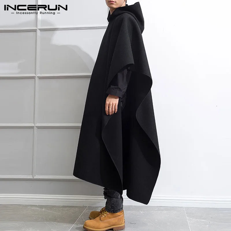 Stylish Men Cloak Coats Hooded Cape Solid Loose 2023 Streetwear Punk Style Windproof Men Long Trench Chic Winter Poncho INCERUN