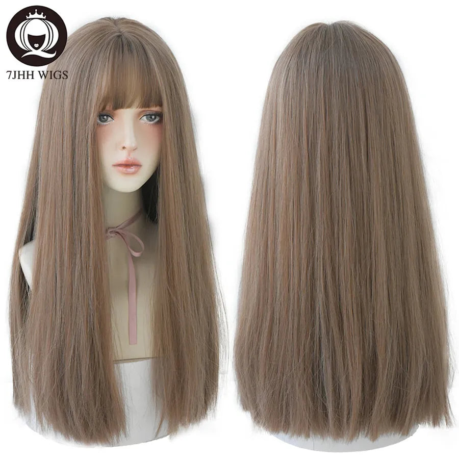 7JHHWIGS Long Straight Synthetic Light Brown Wigs With Bang For Women Heat-Resistant Daily Use Hair Hot Sell Wholesale Wigs