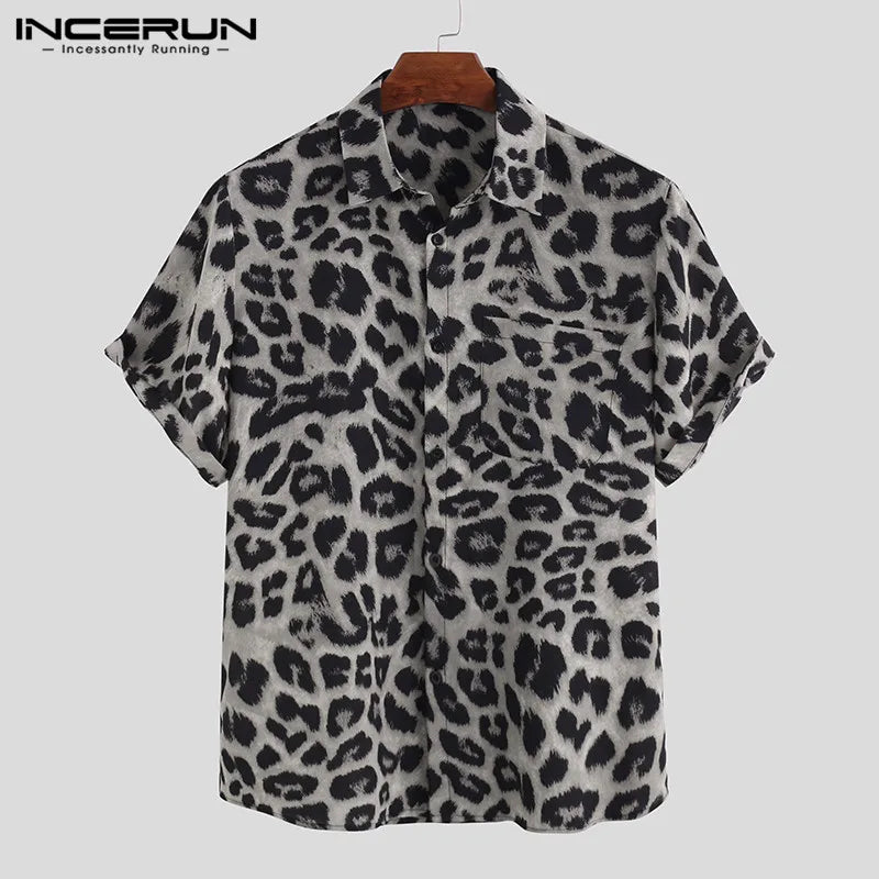 Casual Leopard Printed Men Shirt Short Sleeve Party 2023 Camisa Lapel Summer Fashion Mens Hawaiian Shirts Streetwear INCERUN 5XL
