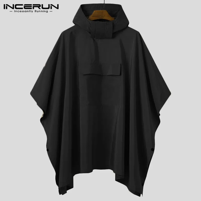 INCERUN Men Solid Trench Quick Dry Hooded Loose Ponchos Pockets Casual Outdoor Cloak Men Irregular Coats Not Raincoats S-5XL