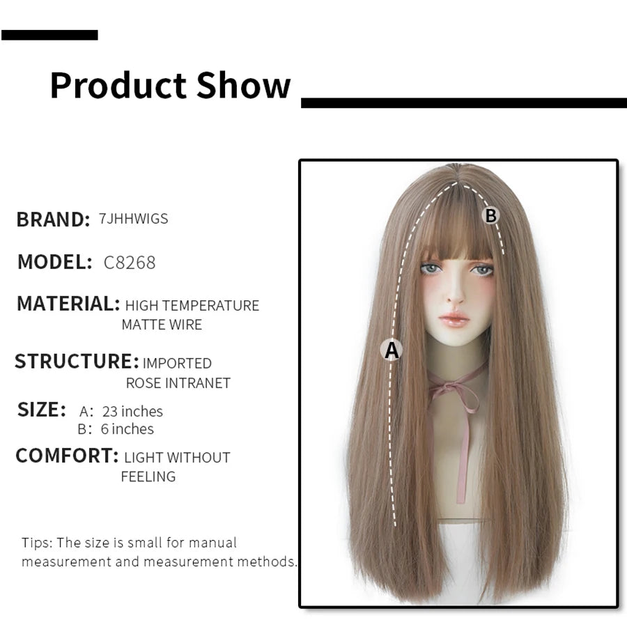 7JHHWIGS Long Straight Synthetic Light Brown Wigs With Bang For Women Heat-Resistant Daily Use Hair Hot Sell Wholesale Wigs