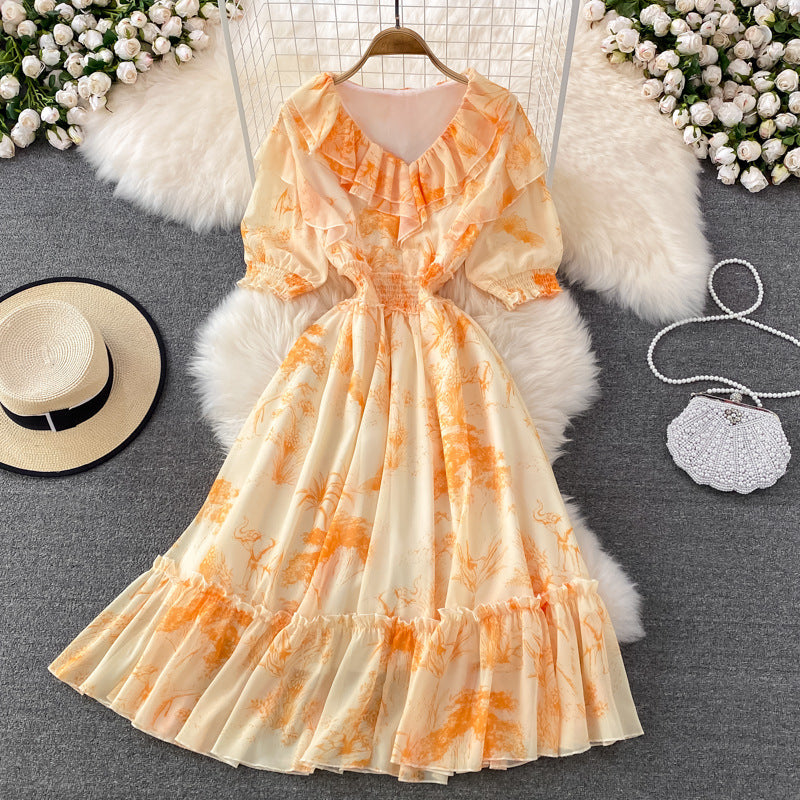 Super Fairy Waist Trimming Slimming Flounce Chiffon Dress