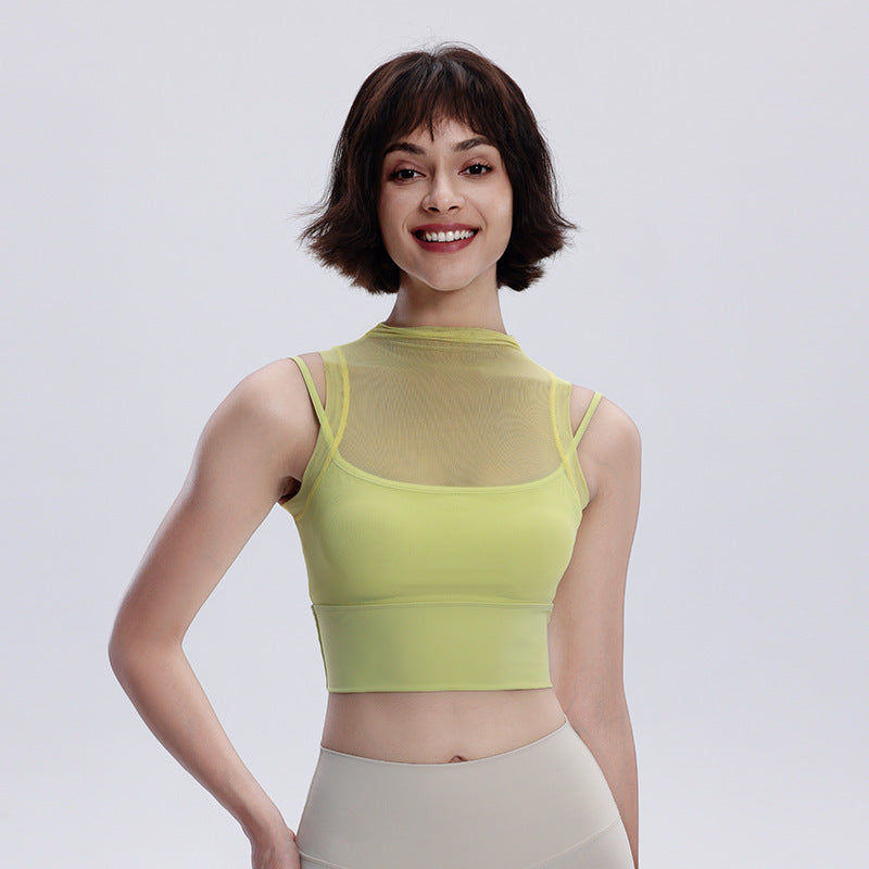 Women's Fake Two-piece Mesh Breathable Top With Chest Pad