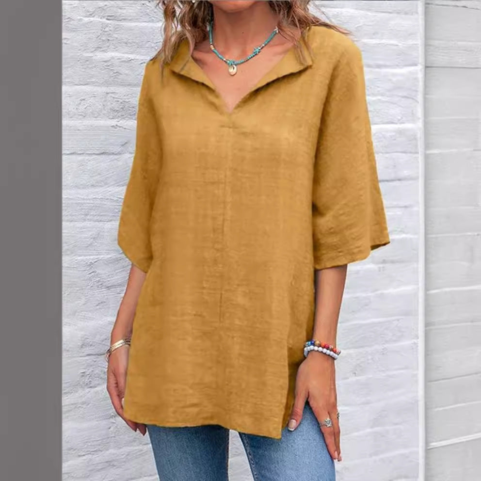 Women's V-neck Solid Color Cotton And Linen Top