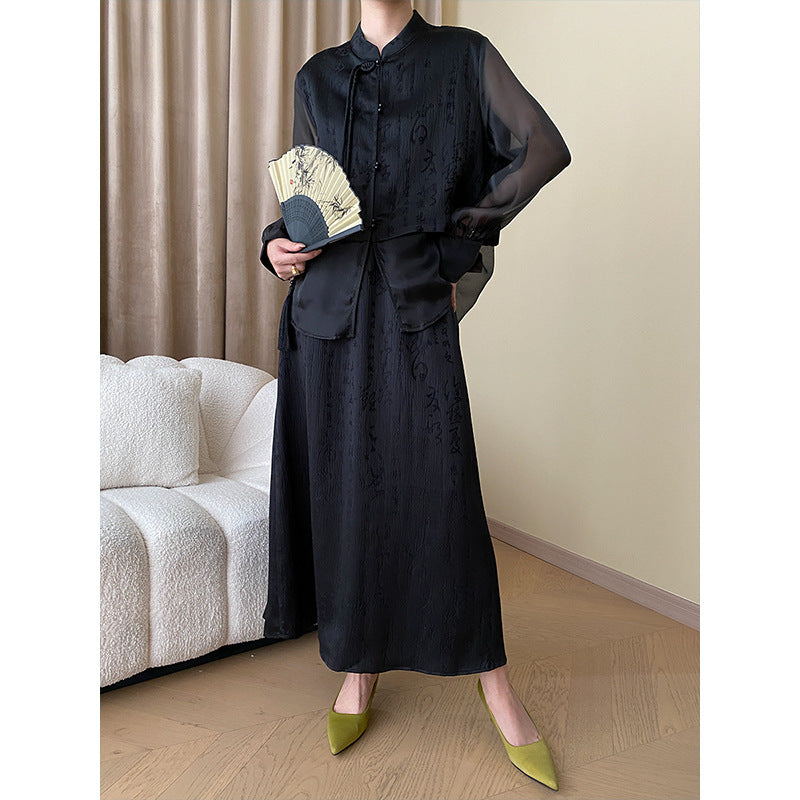 Chinese Buckle Writing Dark Pattern Fabric Shirt Skirt Two Piece Suit