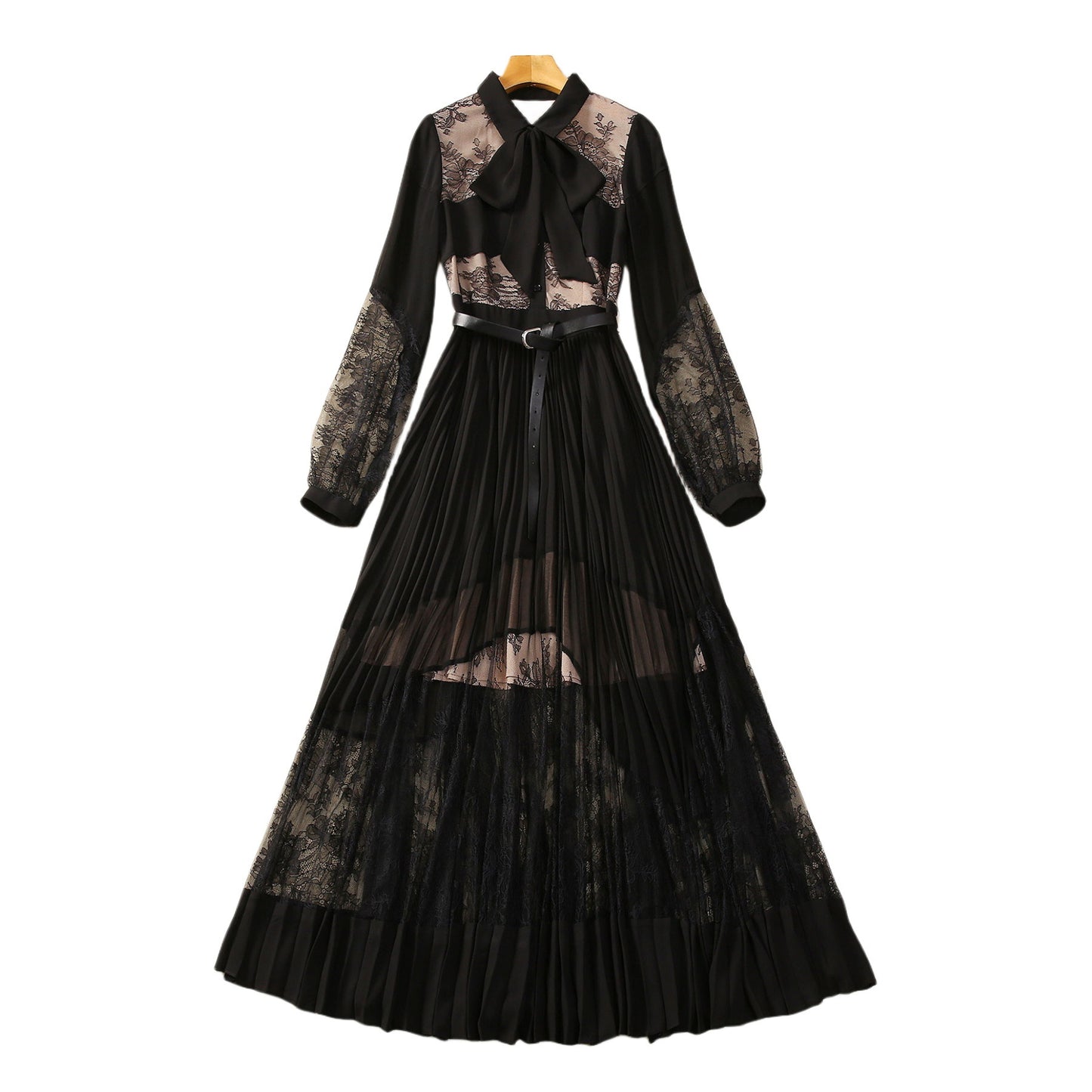 Lapel Long Sleeve Chiffon Stitching Black Slimming Dress