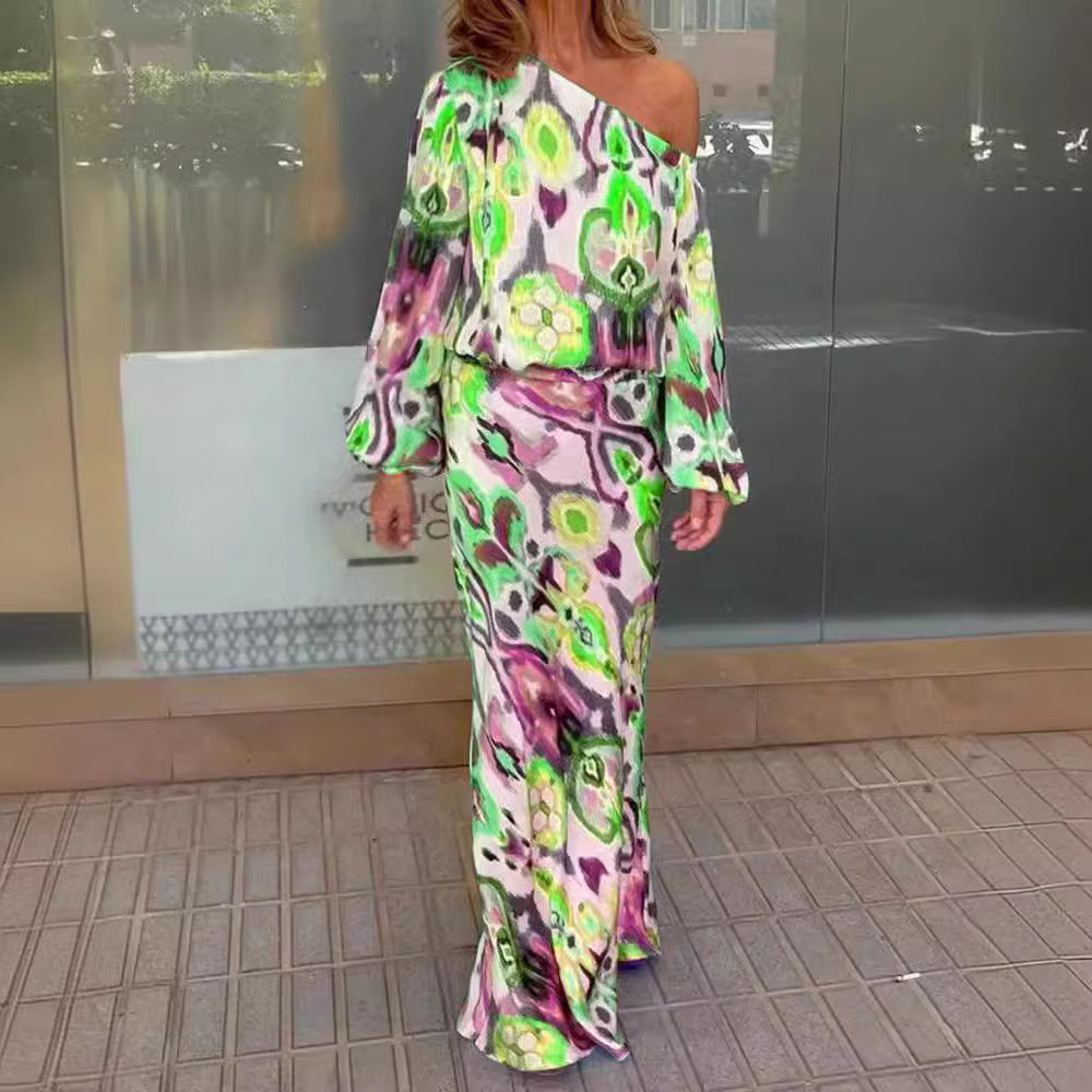 Loose Printed Long Sleeve Off-the-shoulder Top Half-length Fishtail Dress Suit