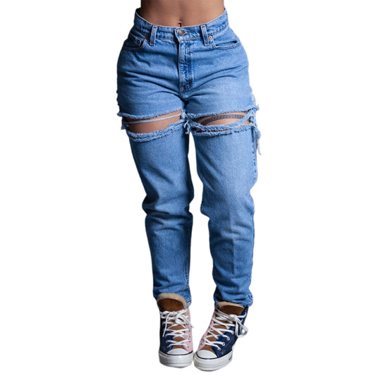 Llegada de jeans rotos para mujer, jeans holgados de cintura alta lavados