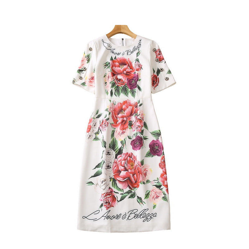 Rhinestone Buckle Short Sleeve Floral Print Dress Women