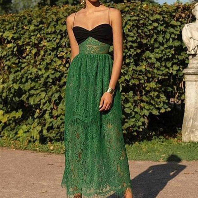 Women Clothing Sexy Suspenders Lace Green Hollow Out Cutout Holiday Mopping Maxi Dress