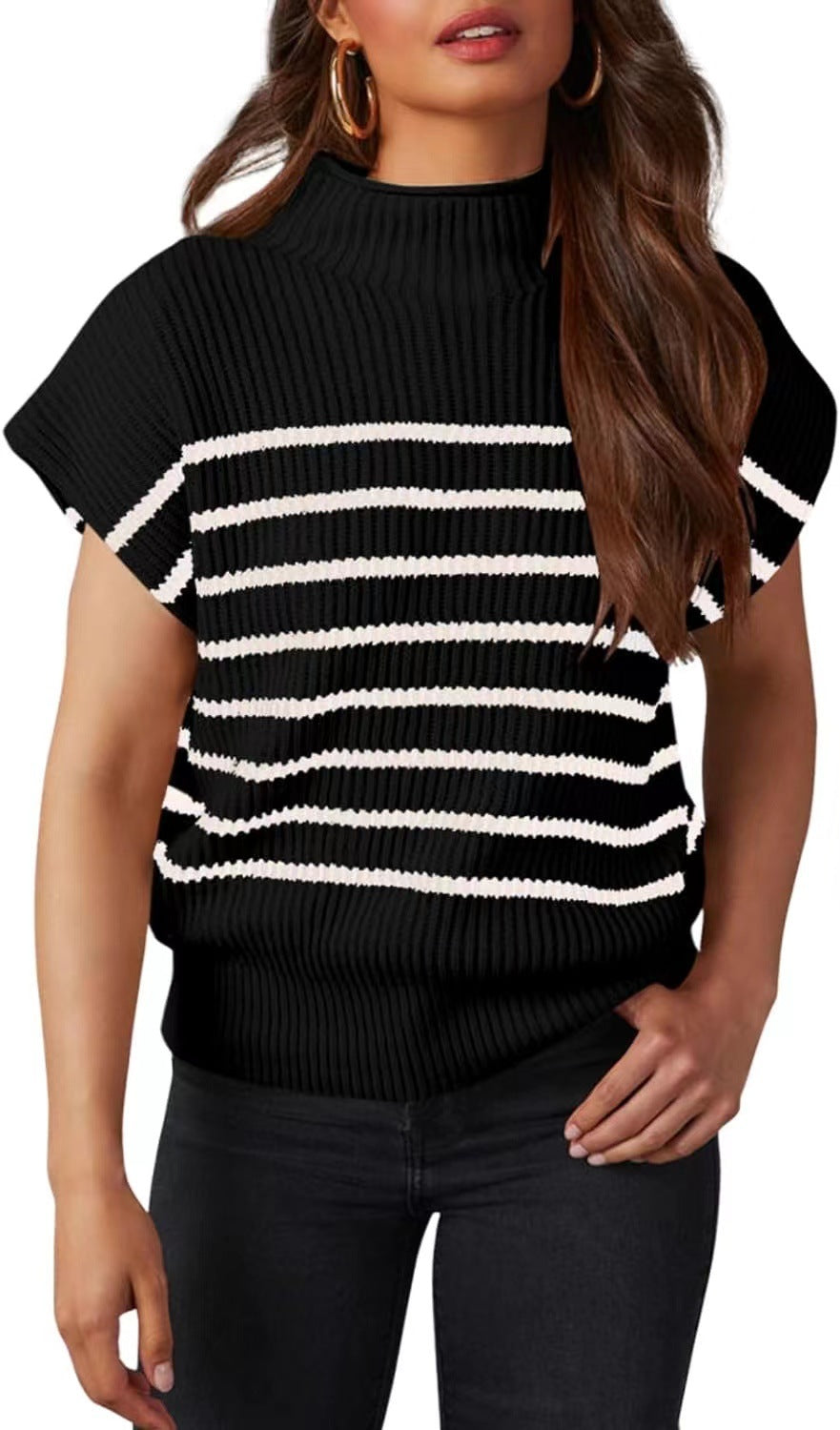 Women's Vest Sleeveless Turtleneck Slim Striped