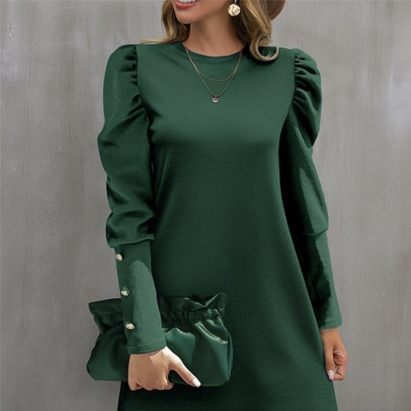 Round Neck Puff Sleeve Button Long Sleeve Top