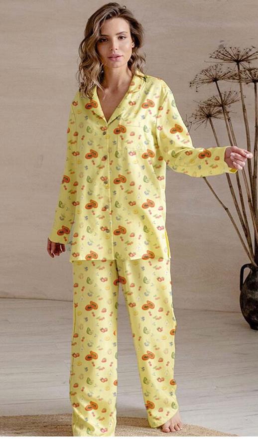 Ladies Two-piece Set Pajamas Long Sleeve Floral Fruit Printed