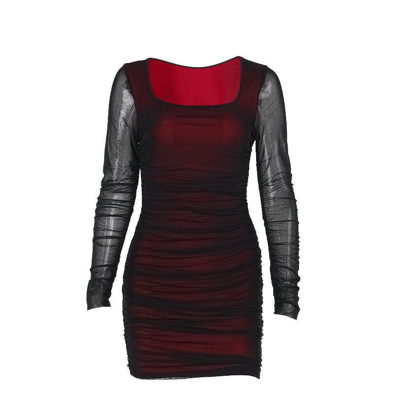 Herbst Prominente Elegante Sexy Schlank Mesh Langarm Schmalen Kleid Frauen