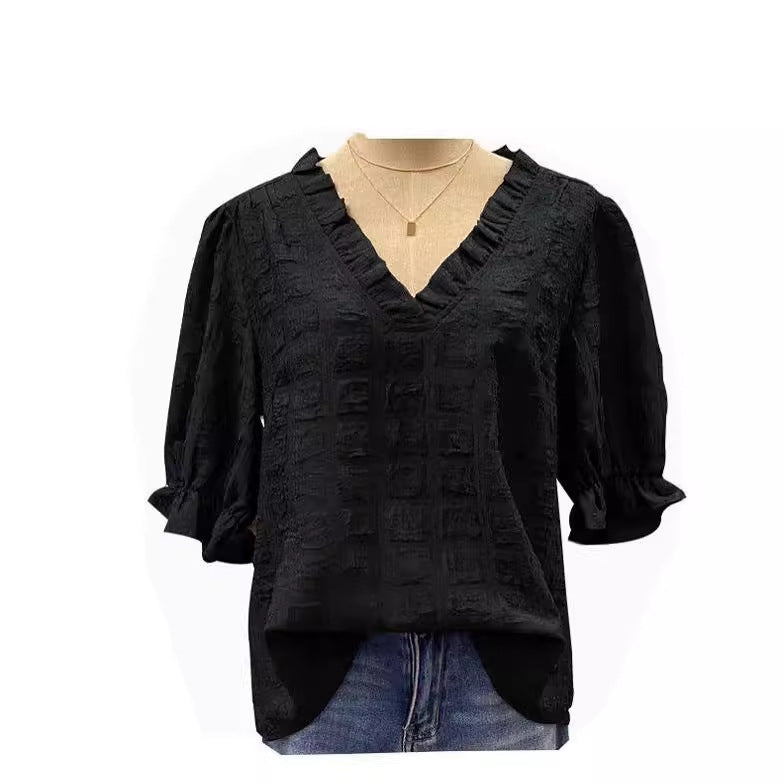 Square Texture Bell Sleeve Shirt V-neck Top