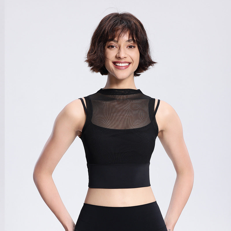 Women's Fake Two-piece Mesh Breathable Top With Chest Pad