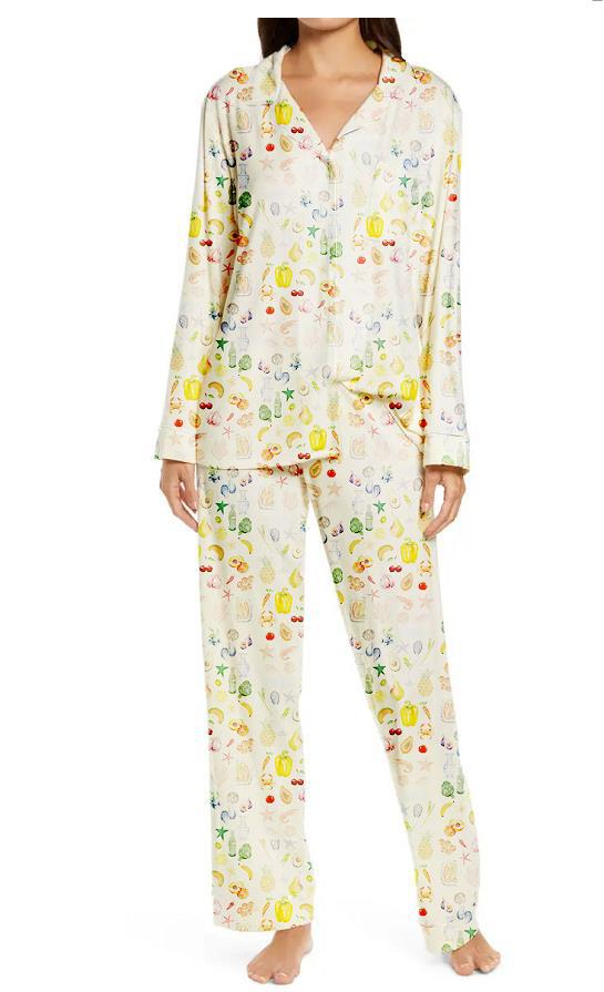 Ladies Two-piece Set Pajamas Long Sleeve Floral Fruit Printed