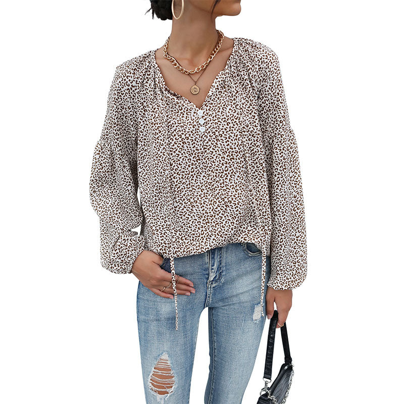 Autumn Exotic Top Long Sleeve Drawstring Leopard Print V Neck Shirt