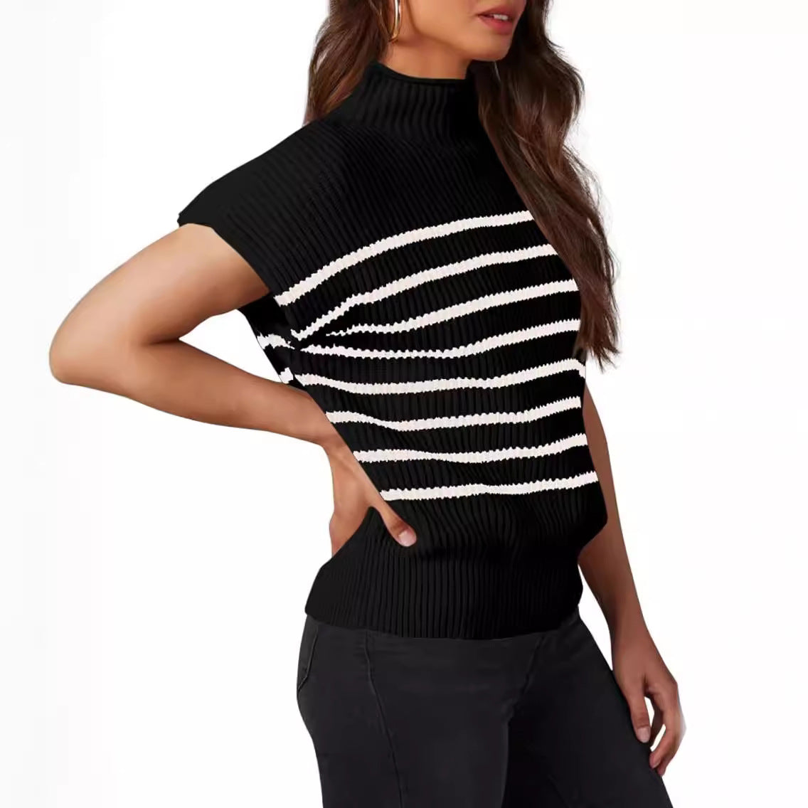 Women's Vest Sleeveless Turtleneck Slim Striped