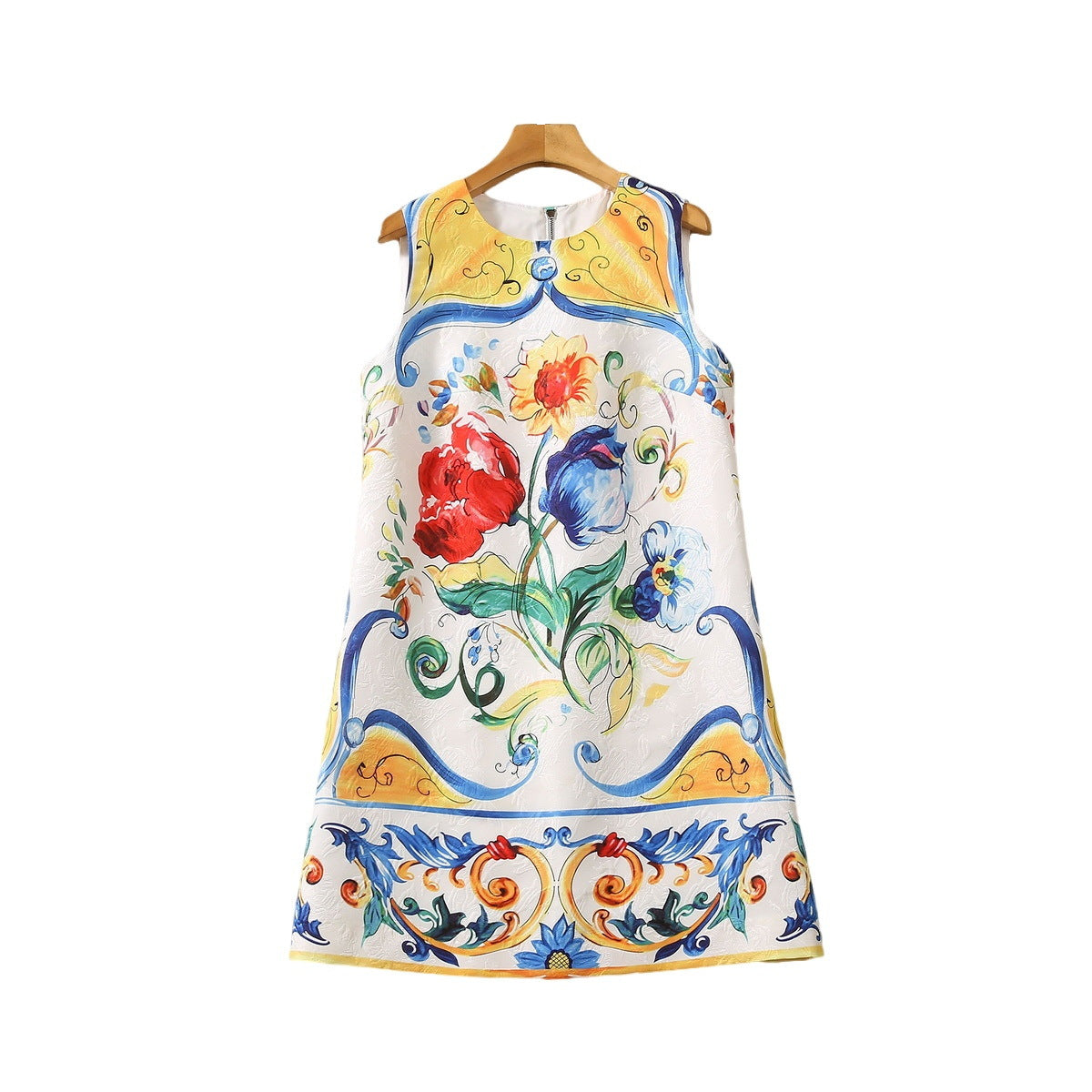 Round Neck Sicilian Colored Glaze Printed Vest Dress