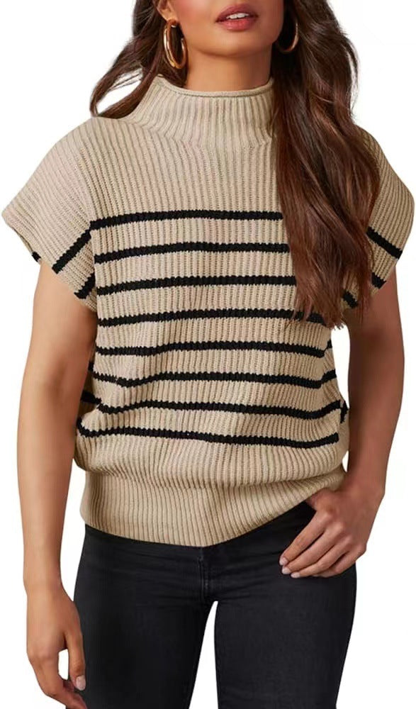 Women's Vest Sleeveless Turtleneck Slim Striped