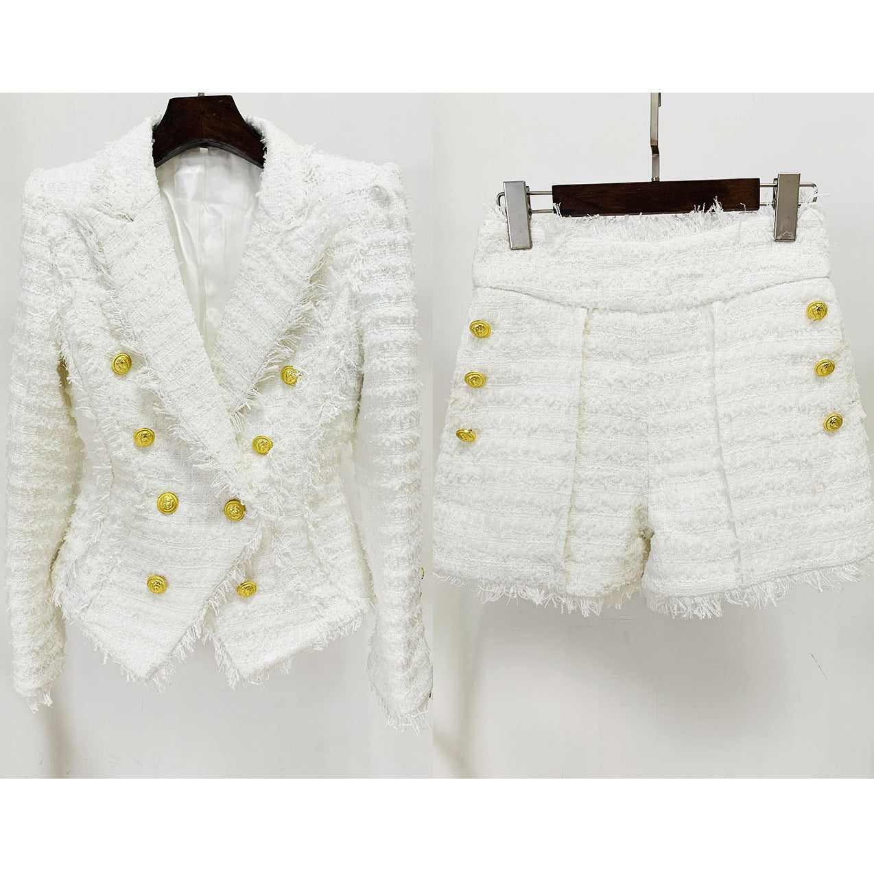 Autumn Winter Star Tassel Fringe Tweed Slim Blazer Shorts Set