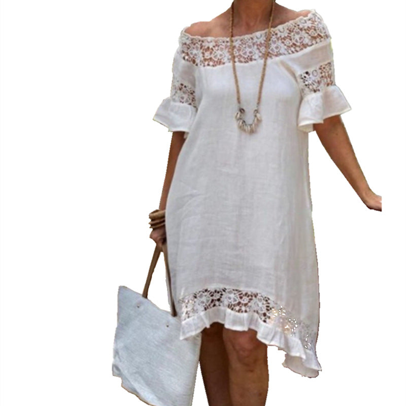 White Lace Ruffled Short Sleeves Hollow Dress