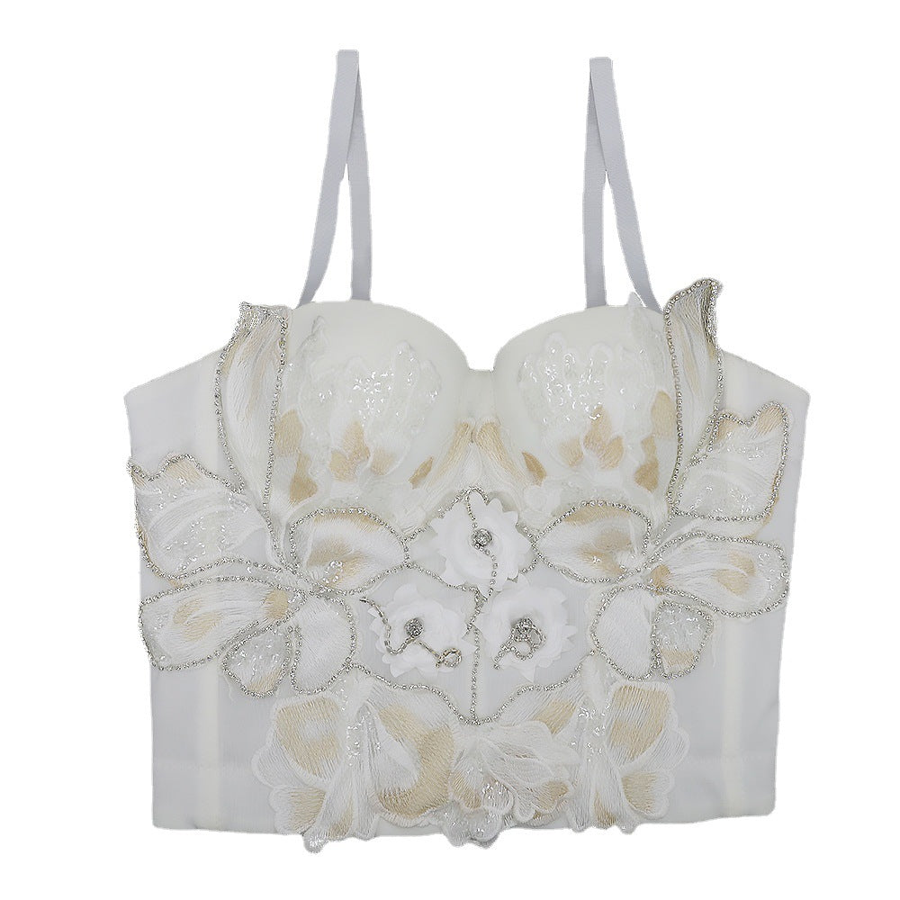 Drill Chain French Corset Top Wrapped Chest Slimming Tight Corset Beaded Three Dimensional Floral White Straps Tube Top Vest