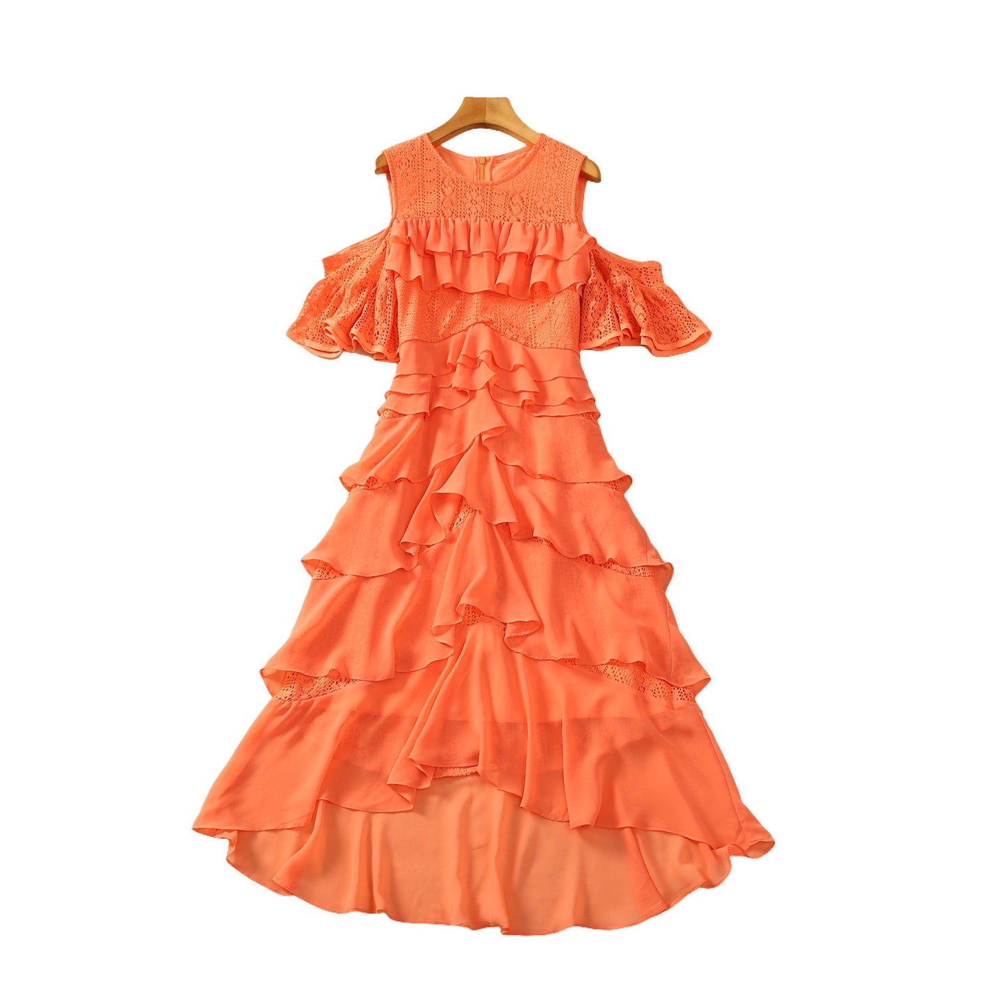 Round Neck Multi-layer Ruffles Stitching Big Swing Dress