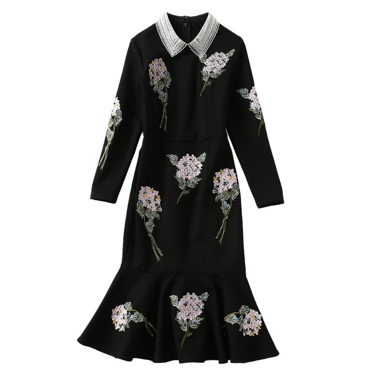 Pearl Diamond Lapel Knitted Embroidered Long Sleeve Dress