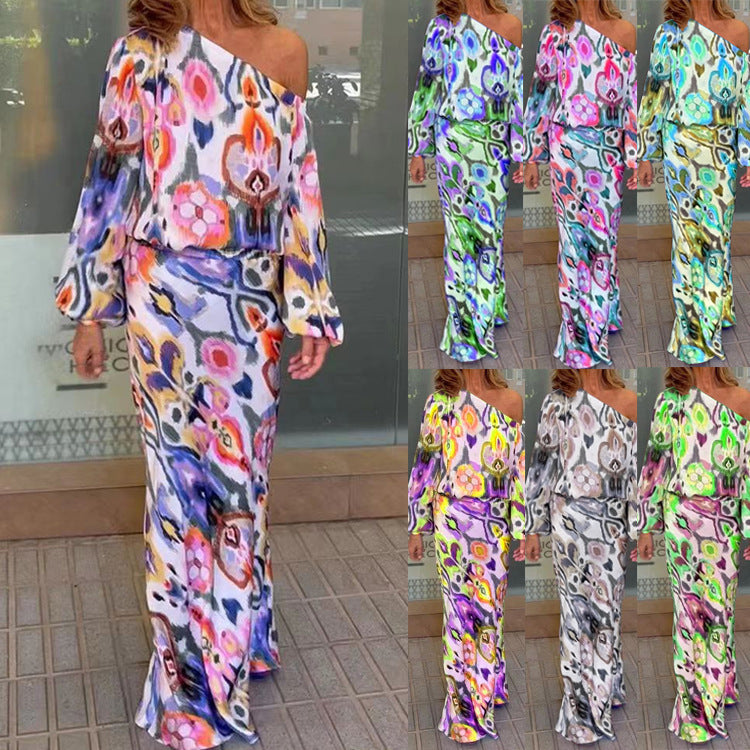 Loose Printed Long Sleeve Off-the-shoulder Top Half-length Fishtail Dress Suit