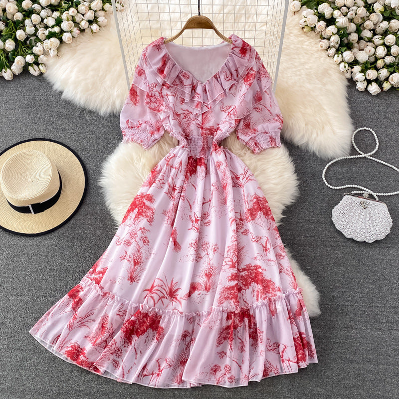 Super Fairy Waist Trimming Slimming Flounce Chiffon Dress