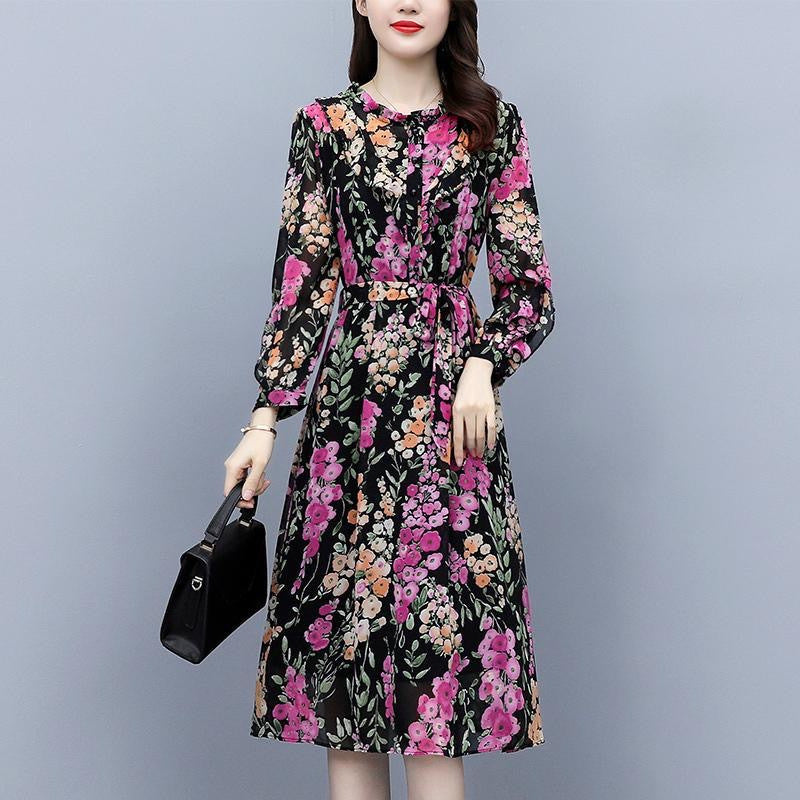 Spring And Autumn Chiffon Long Sleeve Dress