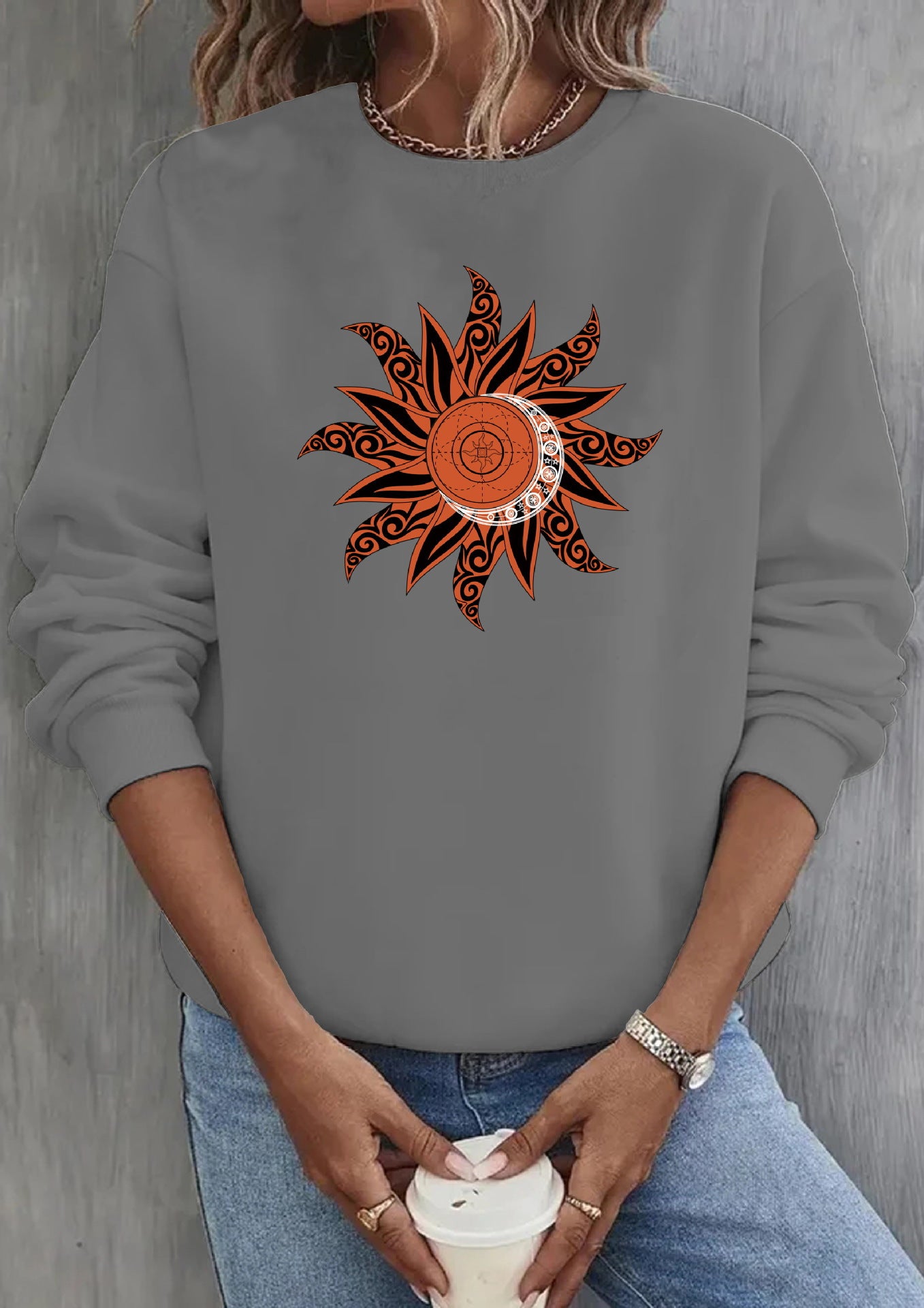 Loose Sun Series Fashion Print Round Neck Sweater