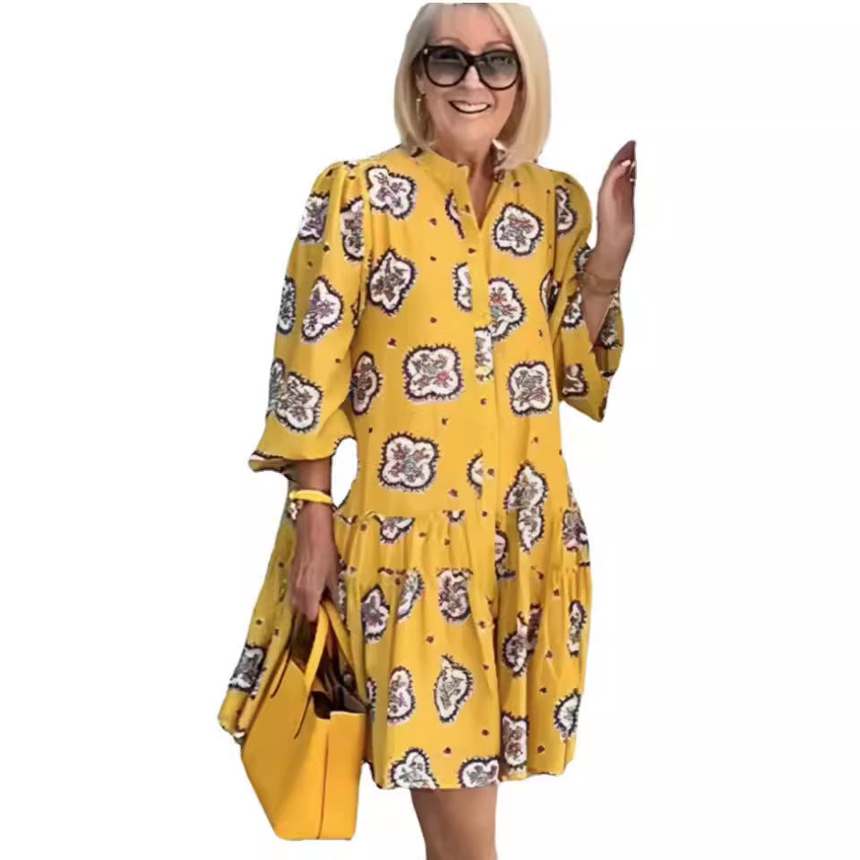 Women's Casual All-matching Printed Puff Sleeve Dress