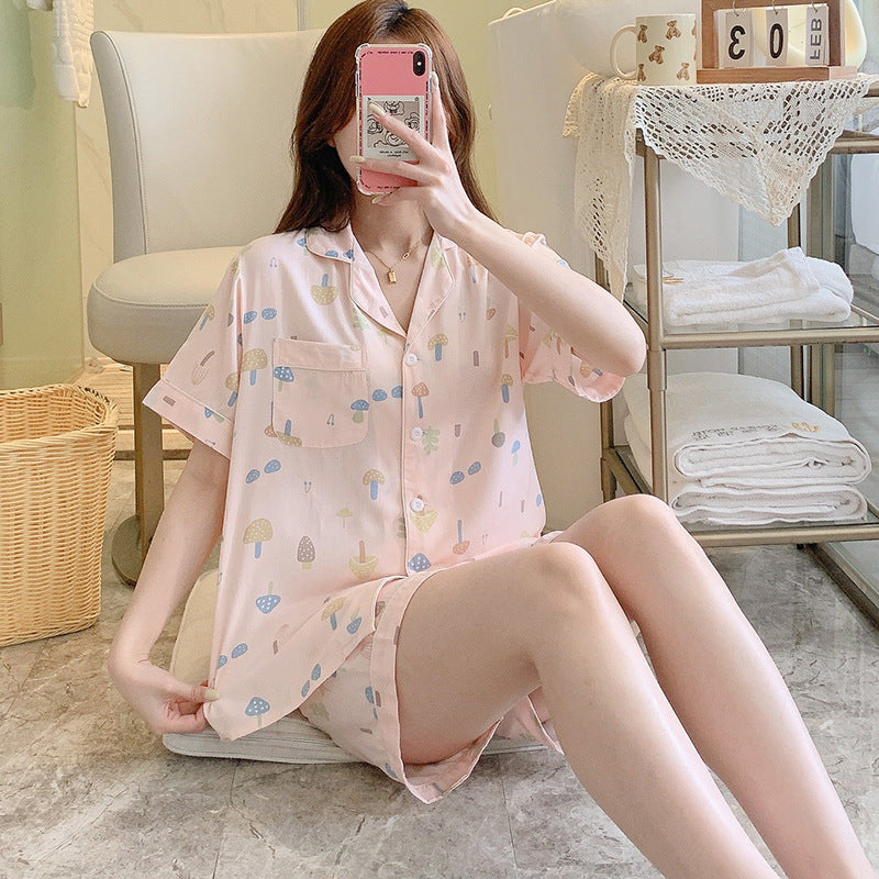 Poplin Pajamas Female Thin Short-sleeved Shorts Cartoon Printing Suit