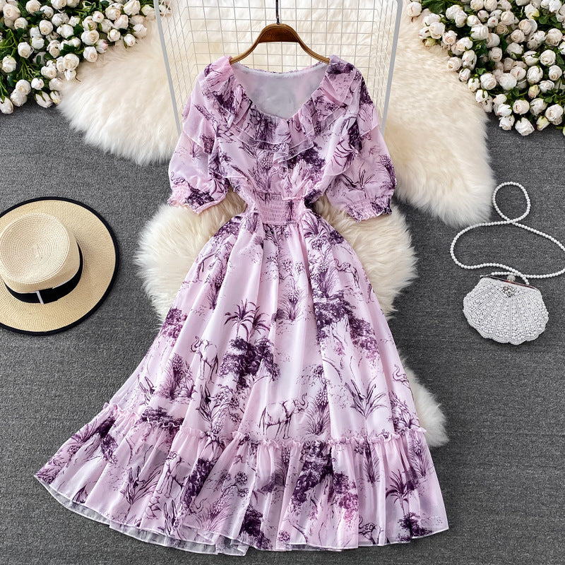 Super Fairy Waist Trimming Slimming Flounce Chiffon Dress