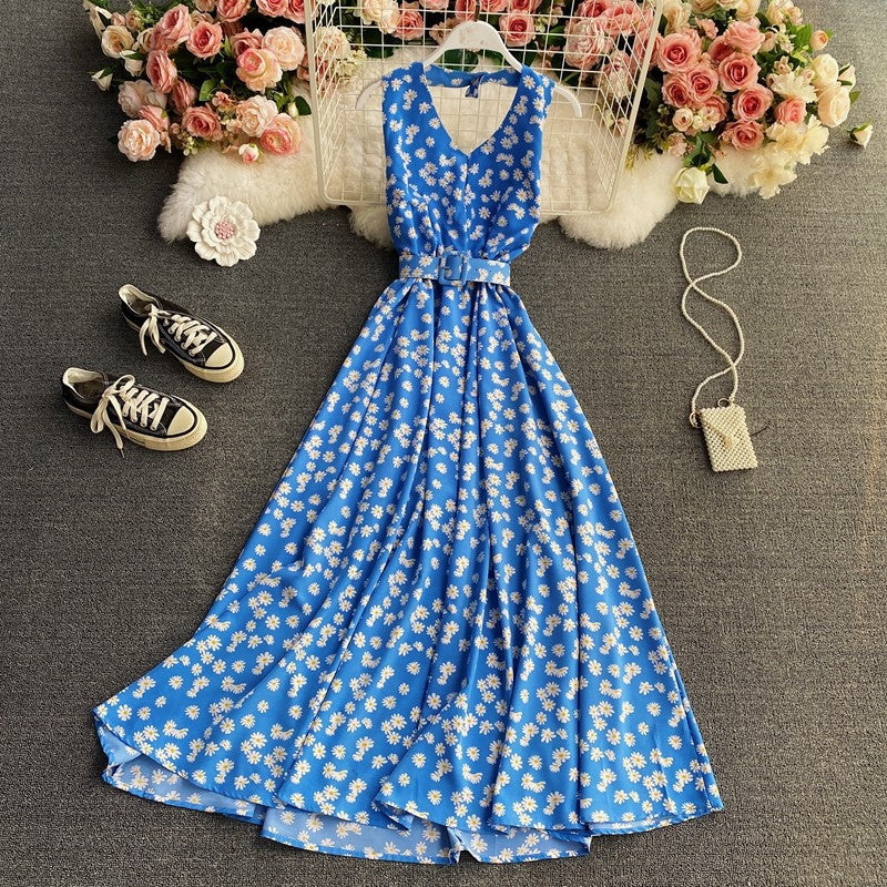 Floral Halter V Chiffon Dress